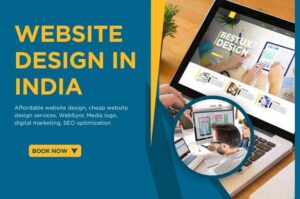 Web designer in India creating a modern website layout on a laptop."